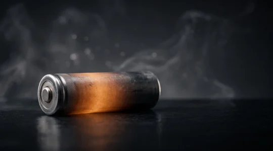 Batteria per sigaretta elettronica al centro di un'immagine che simboleggia l'energia e l'autonomia, con spazio negativo per il testo