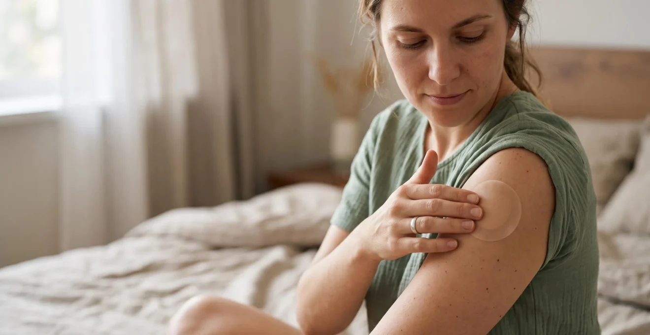 Mano che applica con cura un cerotto trasparente alla nicotina sulla spalla, gesto quotidiano di un percorso per smettere di fumare