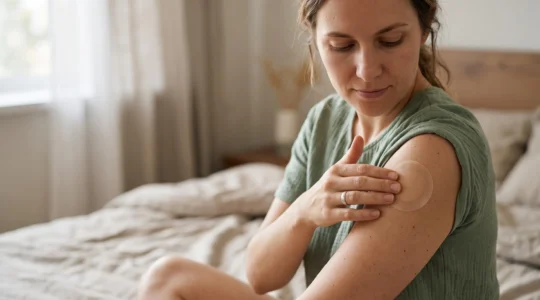 Mano che applica con cura un cerotto trasparente alla nicotina sulla spalla, gesto quotidiano di un percorso per smettere di fumare