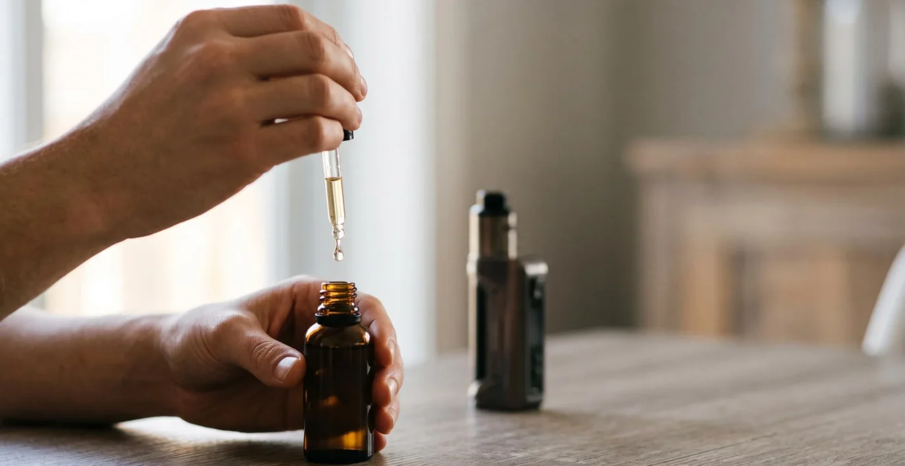 Mani che dosano con precisione una goccia di liquido per sigaretta elettronica con un contagocce