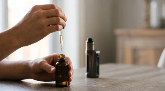 Mani che dosano con precisione una goccia di liquido per sigaretta elettronica con un contagocce