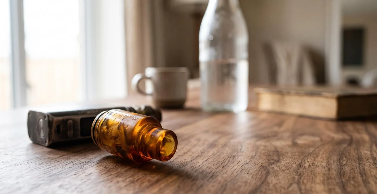 Primo piano artistico di un drip tip in resina appoggiato su una superficie di legno, che rappresenta il comfort quotidiano dello svapo