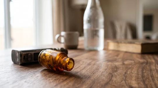 Primo piano artistico di un drip tip in resina appoggiato su una superficie di legno, che rappresenta il comfort quotidiano dello svapo
