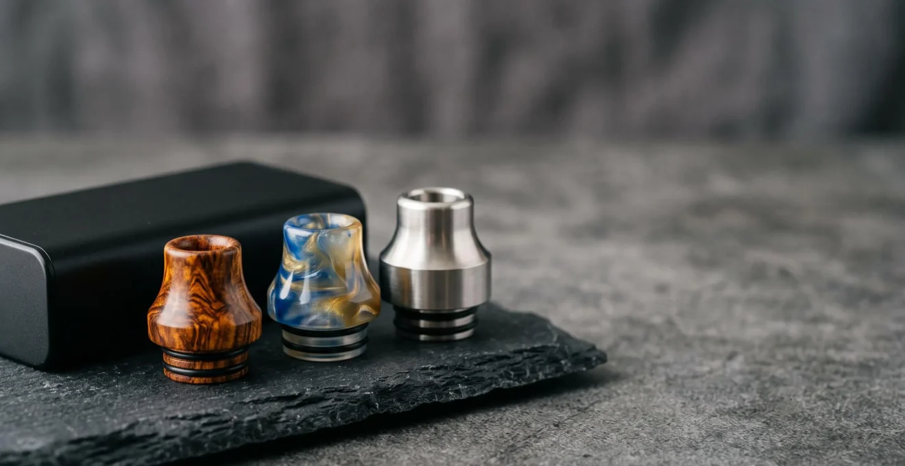 Composizione elegante di drip tip artigianali in legno stabilizzato, resina e metallo disposti su una superficie minimalista