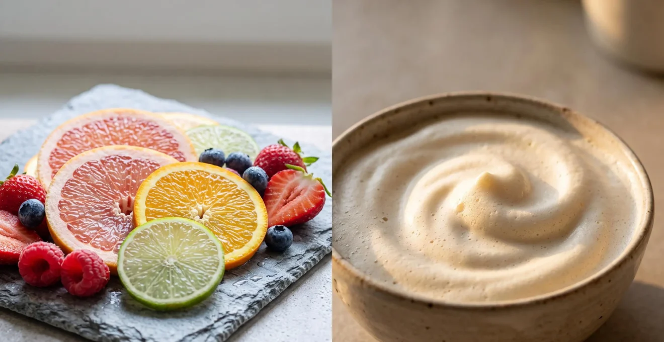 Composizione editoriale che rappresenta l'equilibrio visivo tra note fruttate fresche e cremosità dolce in un liquido da svapo