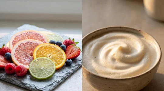 Composizione editoriale che rappresenta l'equilibrio visivo tra note fruttate fresche e cremosità dolce in un liquido da svapo