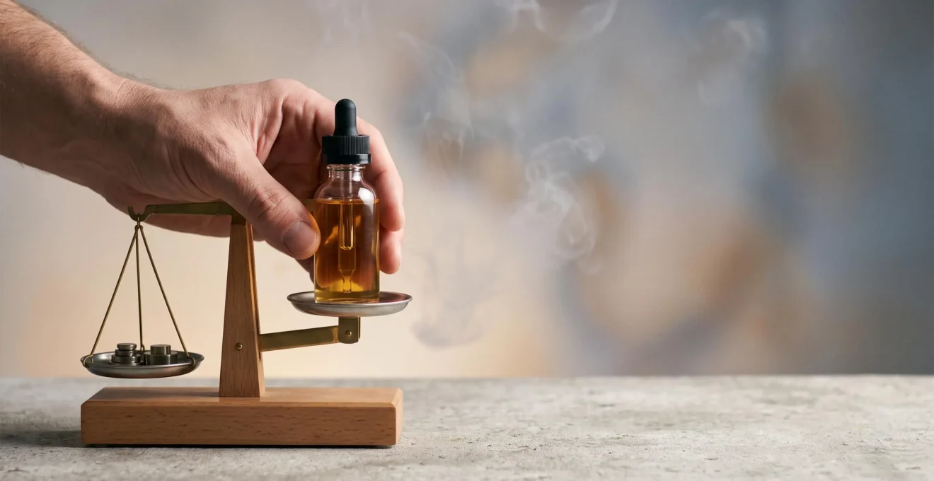 Mano che tiene una boccetta di liquido per sigaretta elettronica sospesa in equilibrio su una bilancia simbolica, a rappresentare la ricerca del giusto dosaggio di nicotina
