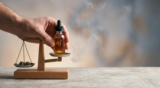 Mano che tiene una boccetta di liquido per sigaretta elettronica sospesa in equilibrio su una bilancia simbolica, a rappresentare la ricerca del giusto dosaggio di nicotina