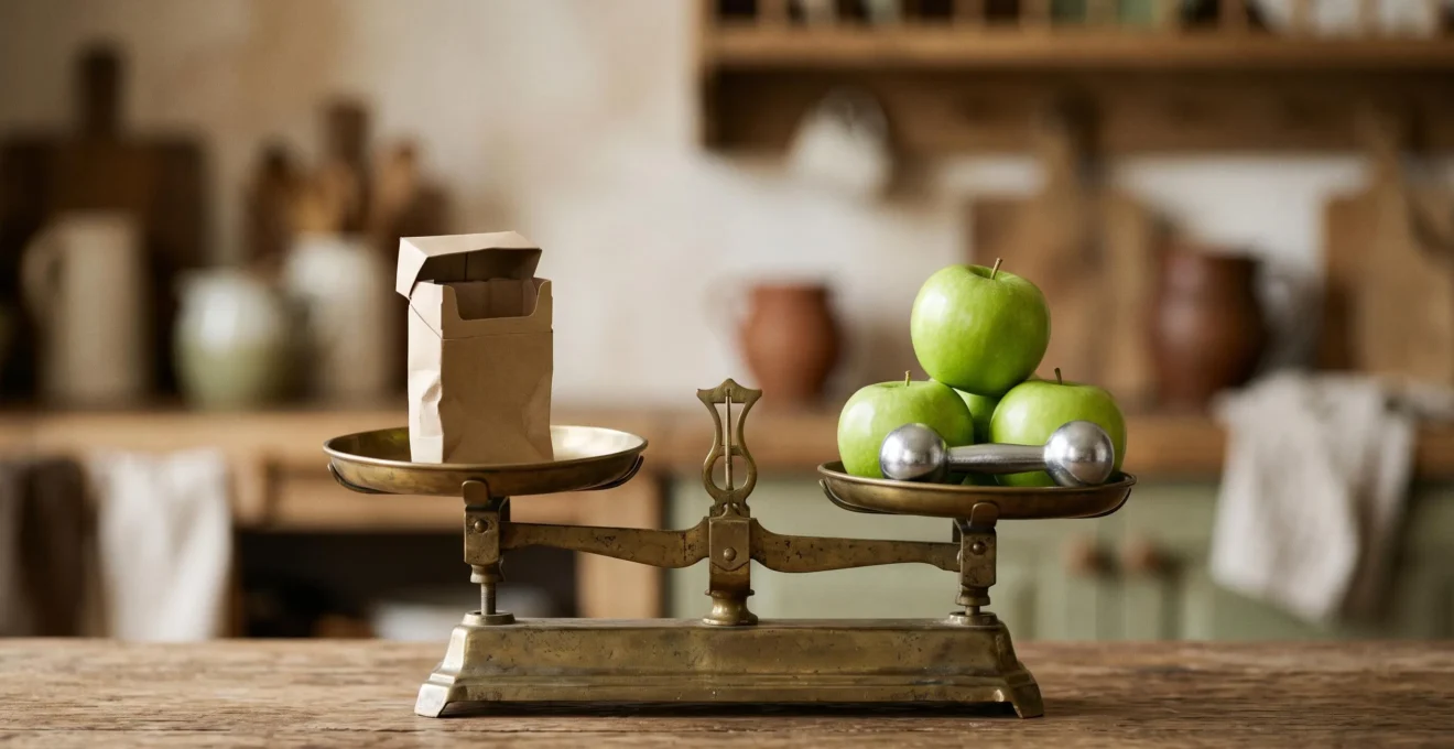 Bilancia simbolica tra un pacchetto di sigarette e alimenti sani che rappresenta la sfida di smettere di fumare senza ingrassare