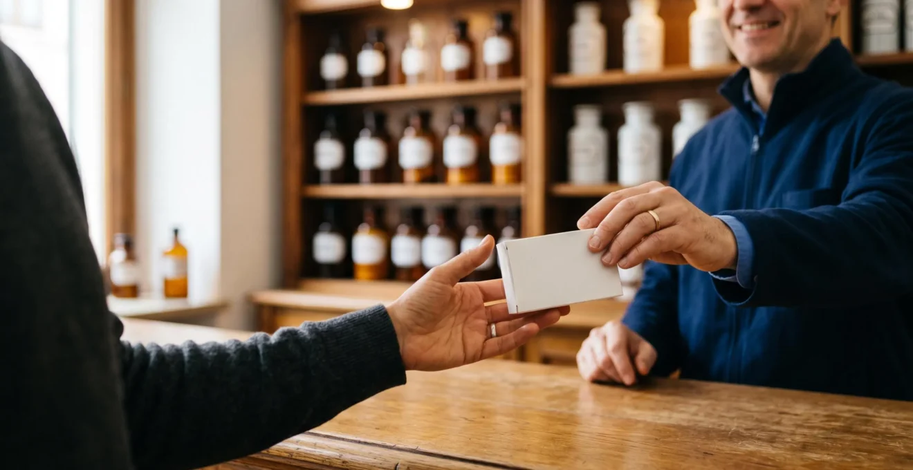 Farmacista italiano che consegna una confezione di terapia sostitutiva della nicotina a un paziente presso il bancone di una farmacia