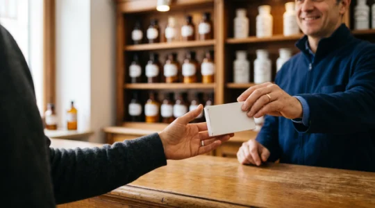 Farmacista italiano che consegna una confezione di terapia sostitutiva della nicotina a un paziente presso il bancone di una farmacia