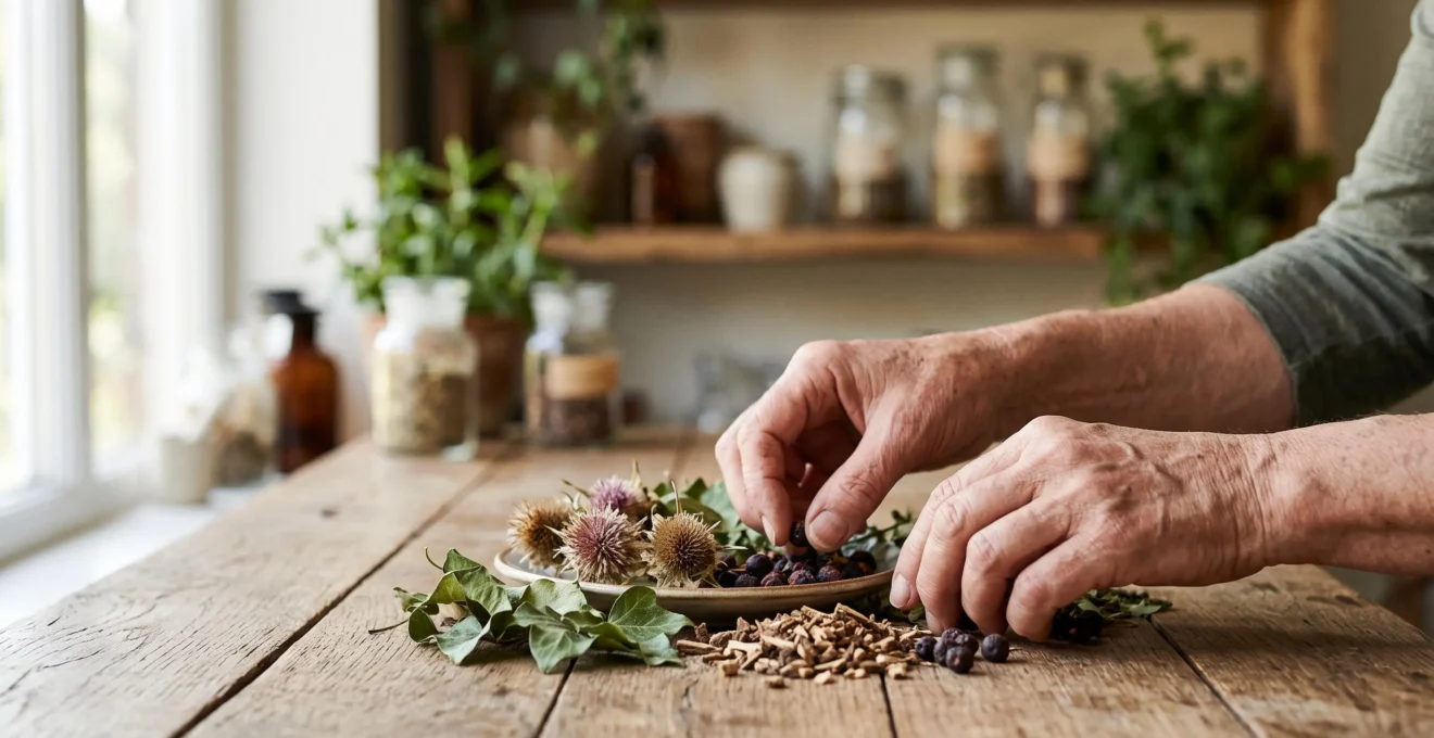 Mani che raccolgono erbe officinali essiccate su un tavolo di legno, simbolo della fitoterapia per smettere di fumare