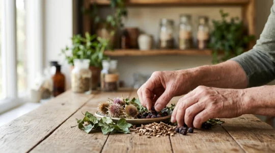 Mani che raccolgono erbe officinali essiccate su un tavolo di legno, simbolo della fitoterapia per smettere di fumare