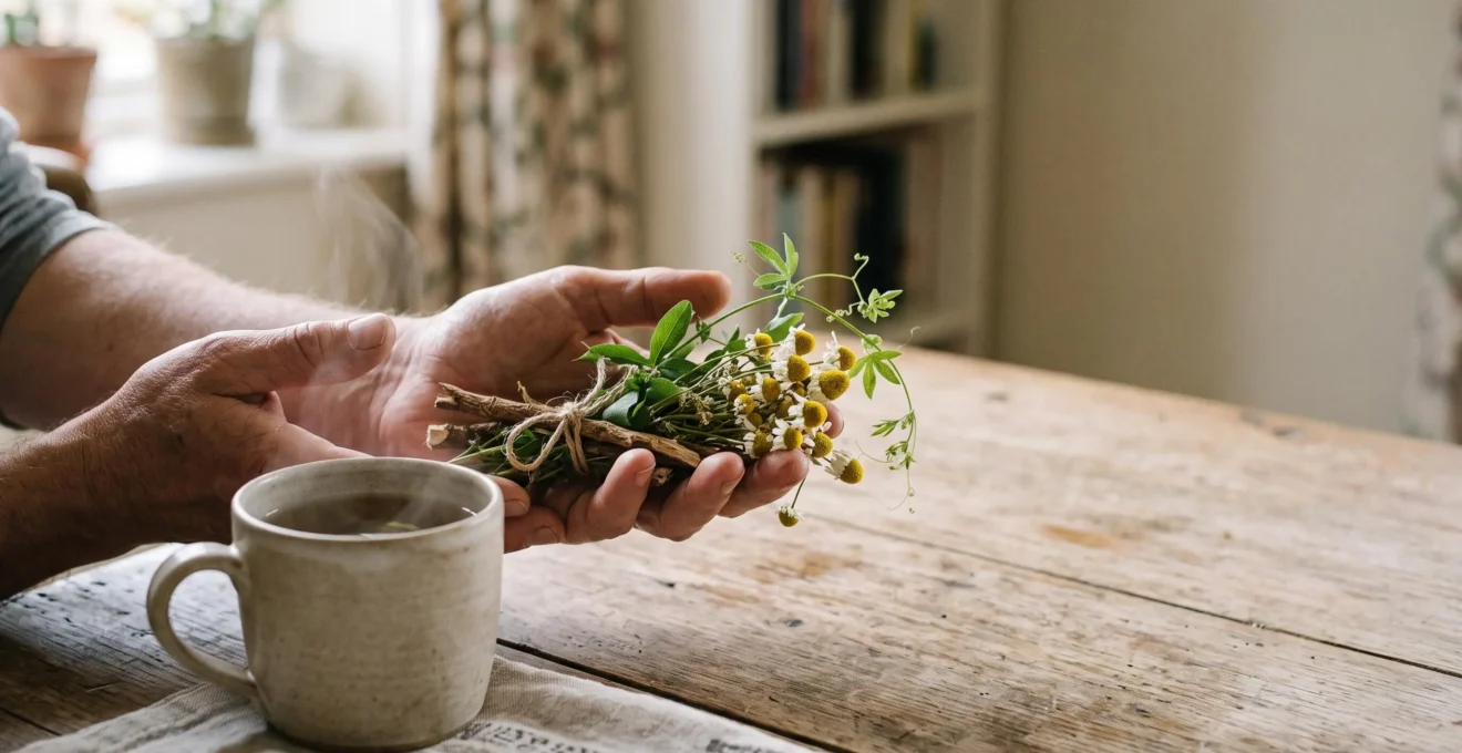 Mani che tengono delicatamente un mazzo di erbe officinali e una tazza di tisana calda, simbolo del sollievo naturale dall'ansia da astinenza da nicotina