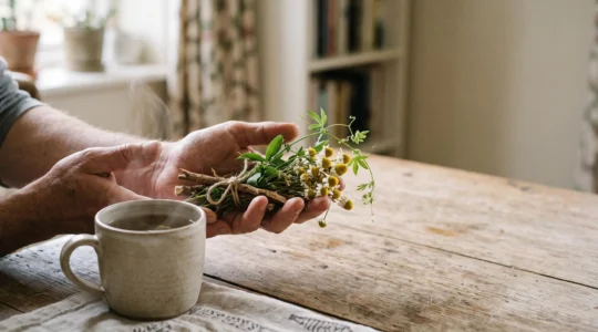 Mani che tengono delicatamente un mazzo di erbe officinali e una tazza di tisana calda, simbolo del sollievo naturale dall'ansia da astinenza da nicotina