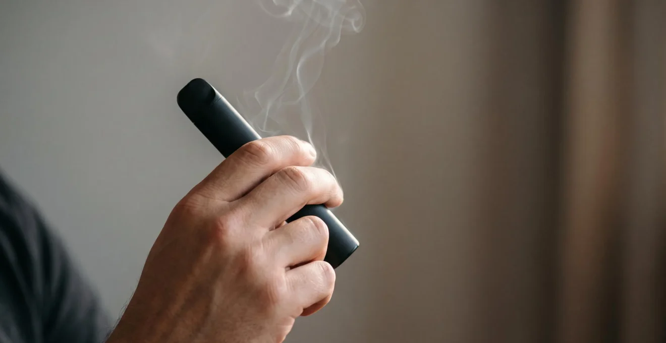 Primo piano editoriale di una mano che tiene un dispositivo di svapo vicino alle labbra, simbolo del gesto automatico legato al fumo