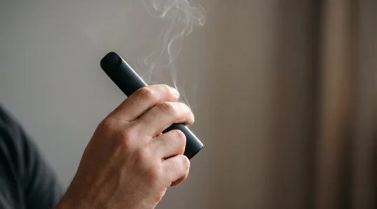 Primo piano editoriale di una mano che tiene un dispositivo di svapo vicino alle labbra, simbolo del gesto automatico legato al fumo