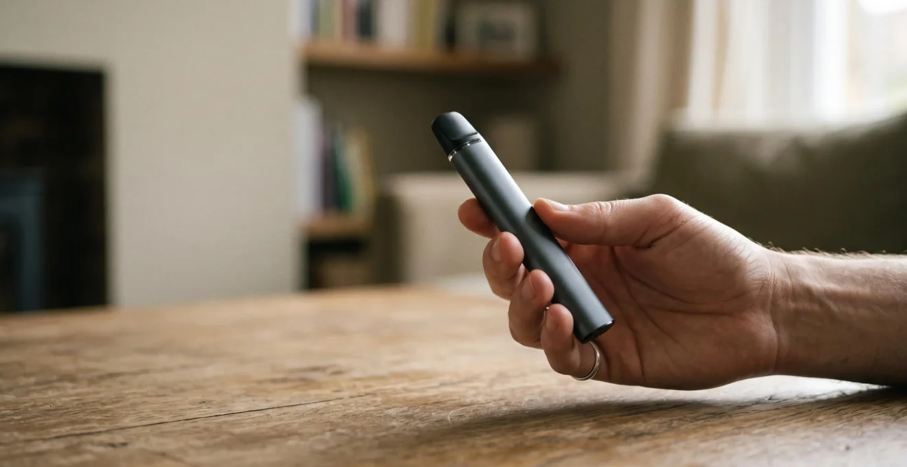Persona che osserva con attenzione un kit per sigaretta elettronica appoggiato su un piano di legno, in un ambiente luminoso e minimale