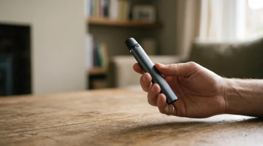 Persona che osserva con attenzione un kit per sigaretta elettronica appoggiato su un piano di legno, in un ambiente luminoso e minimale