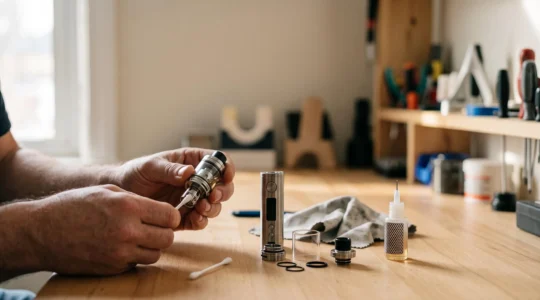 Mani che puliscono con cura i componenti di una sigaretta elettronica su un piano di lavoro minimalista