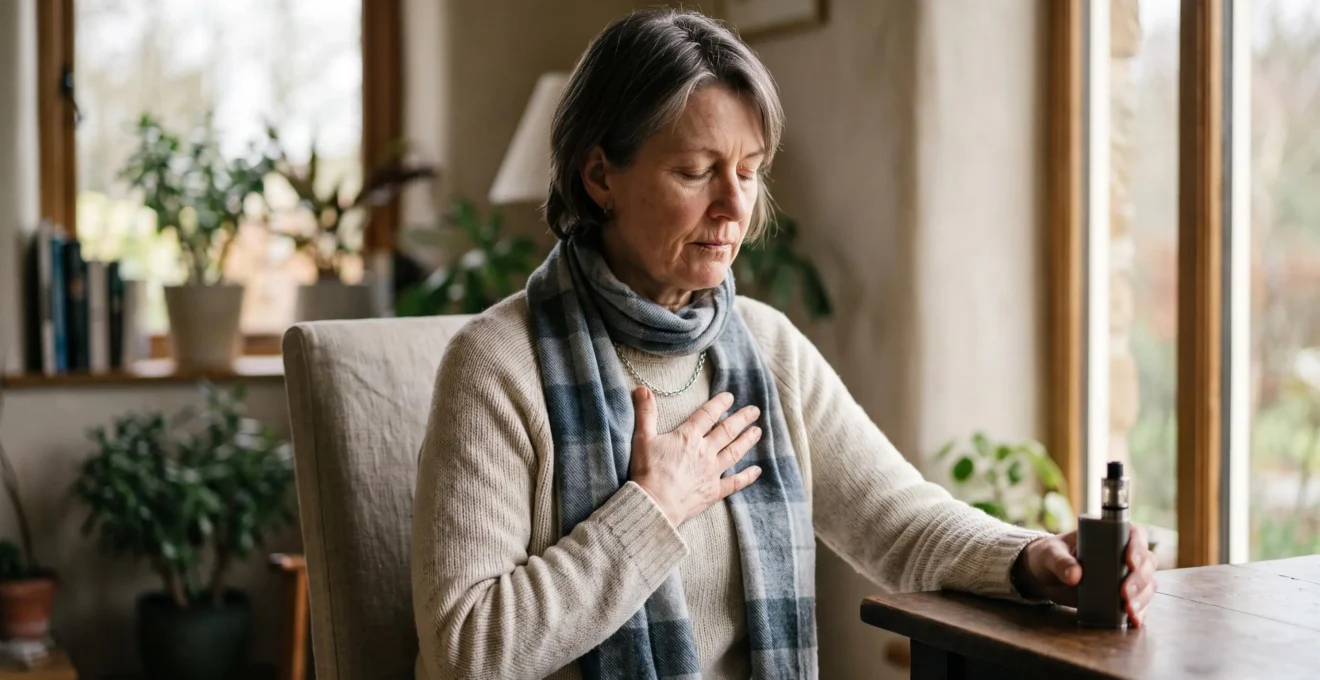 Persona in un momento di calma consapevole vicino a una finestra, con un dispositivo di svapo appoggiato e non utilizzato, simbolo del craving osservato senza cedere