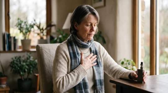 Persona in un momento di calma consapevole vicino a una finestra, con un dispositivo di svapo appoggiato e non utilizzato, simbolo del craving osservato senza cedere