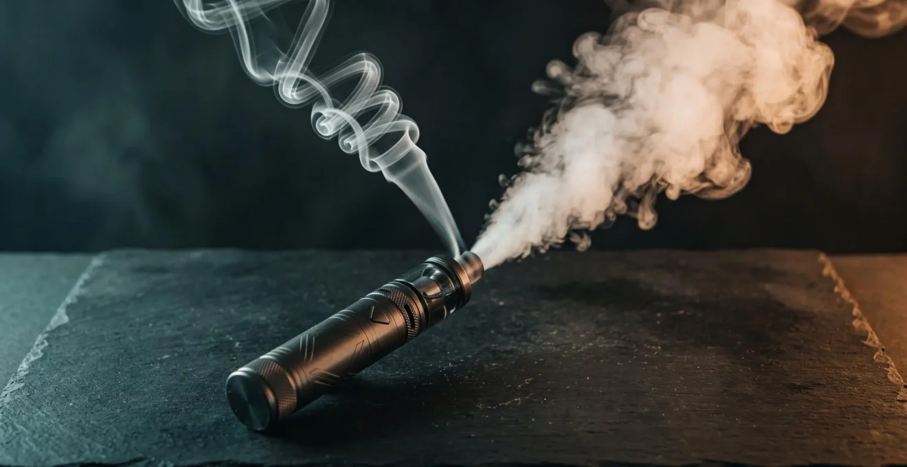 Sigaretta elettronica moderna con due flussi di vapore contrapposti, uno concentrato e uno ampio, che rappresentano le due tecniche di tiro MTL e DL