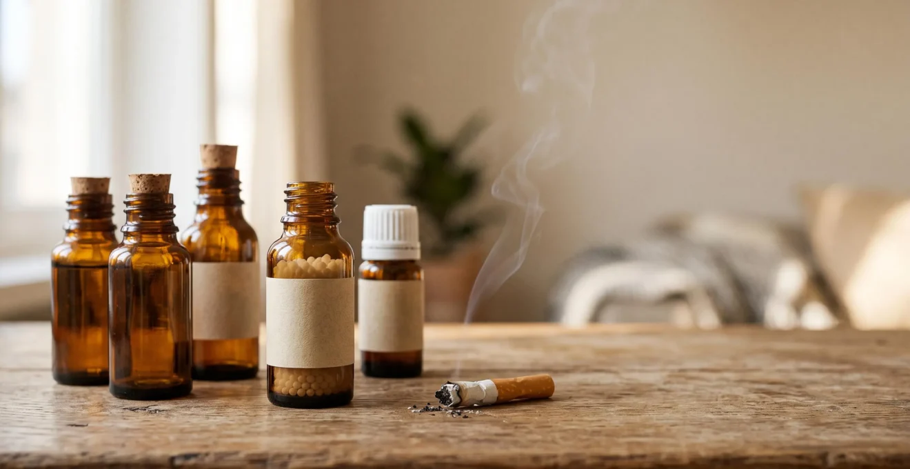 Boccette di rimedi omeopatici in vetro accanto a una sigaretta spenta, simbolo del percorso personalizzato di disassuefazione dal fumo