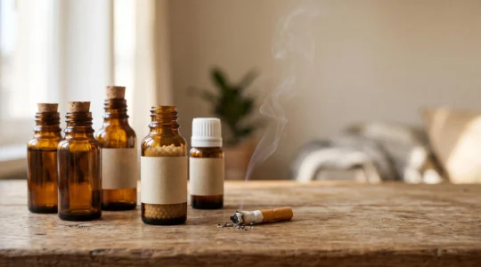 Boccette di rimedi omeopatici in vetro accanto a una sigaretta spenta, simbolo del percorso personalizzato di disassuefazione dal fumo