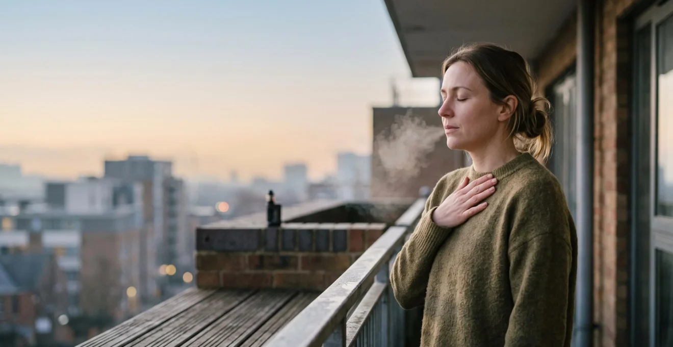 Persona all'alba che respira lentamente con una mano sul petto, in un momento di calma consapevole lontano dal craving