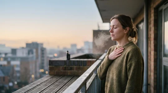 Persona all'alba che respira lentamente con una mano sul petto, in un momento di calma consapevole lontano dal craving