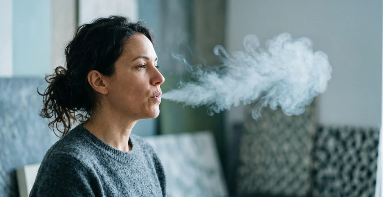 Persona che espira una nuvola di vapore luminosa e fresca, simbolo della sensazione di respirare meglio grazie al mentolo