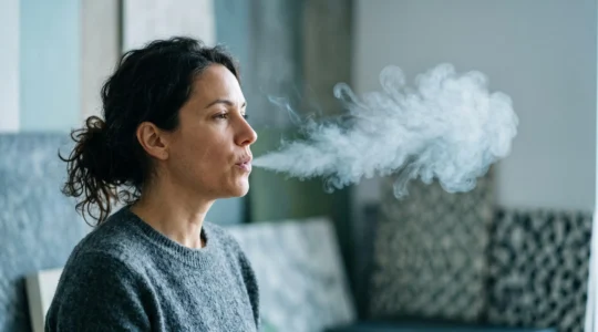 Persona che espira una nuvola di vapore luminosa e fresca, simbolo della sensazione di respirare meglio grazie al mentolo