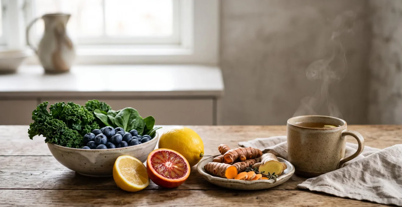 Composizione editoriale di frutta, verdura e erbe fresche che simboleggia la depurazione del corpo dopo aver smesso di fumare