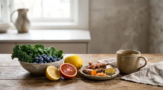 Composizione editoriale di frutta, verdura e erbe fresche che simboleggia la depurazione del corpo dopo aver smesso di fumare