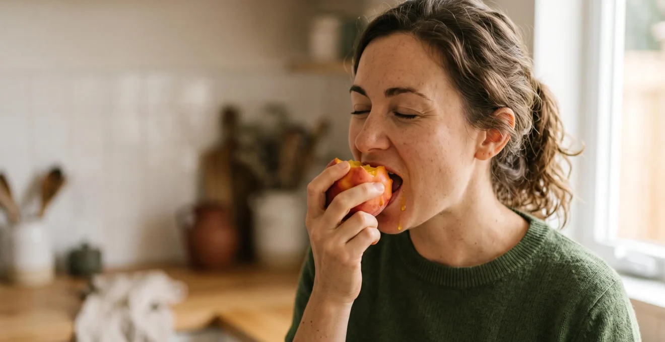 Primo piano di una persona che assapora con stupore un frutto fresco, simbolo del recupero del gusto dopo aver smesso di fumare