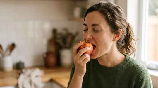 Primo piano di una persona che assapora con stupore un frutto fresco, simbolo del recupero del gusto dopo aver smesso di fumare