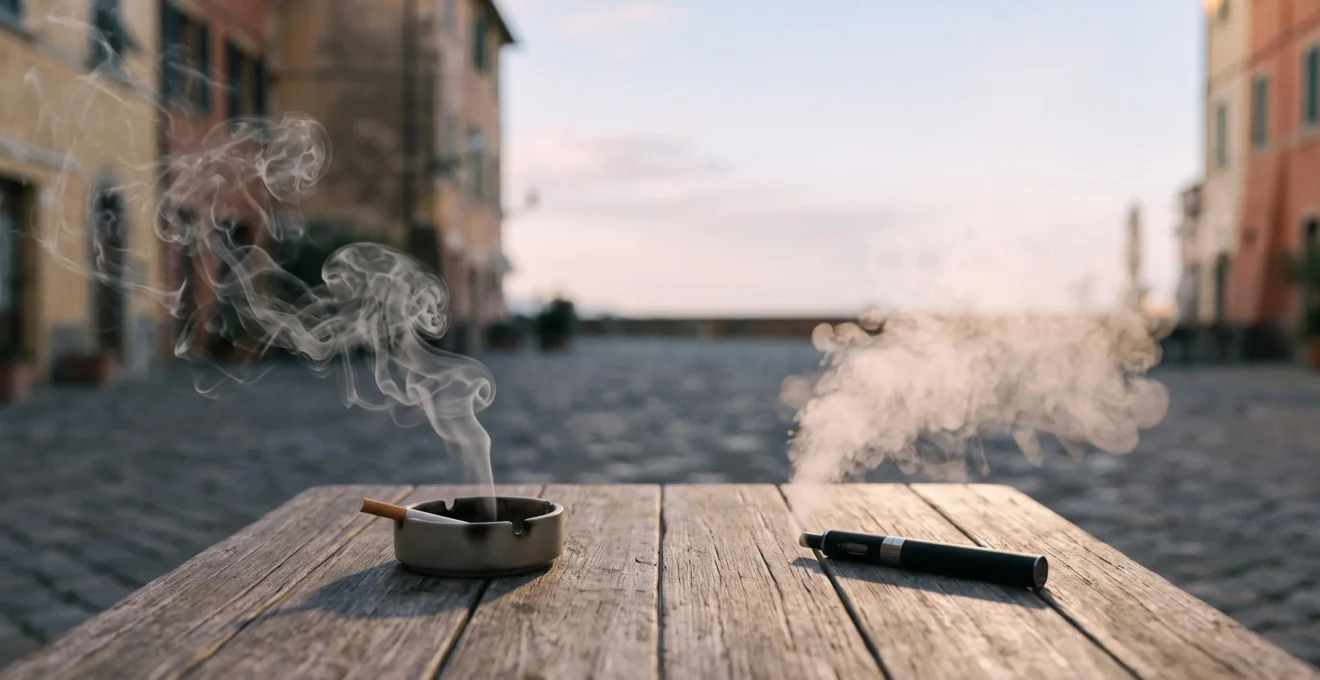 Composizione simbolica che contrappone il fumo di una sigaretta tradizionale al vapore pulito di una sigaretta elettronica su un tavolo da caffe italiano