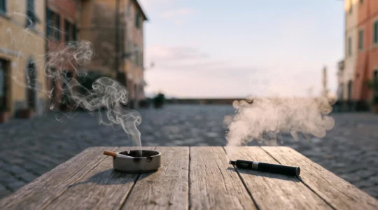 Composizione simbolica che contrappone il fumo di una sigaretta tradizionale al vapore pulito di una sigaretta elettronica su un tavolo da caffe italiano