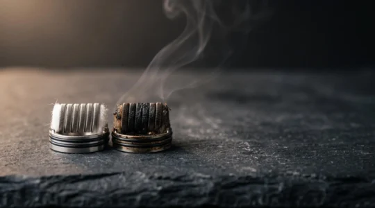 Primo piano artistico di una resistenza per sigaretta elettronica nuova accanto a una usurata, che simboleggia il momento della sostituzione