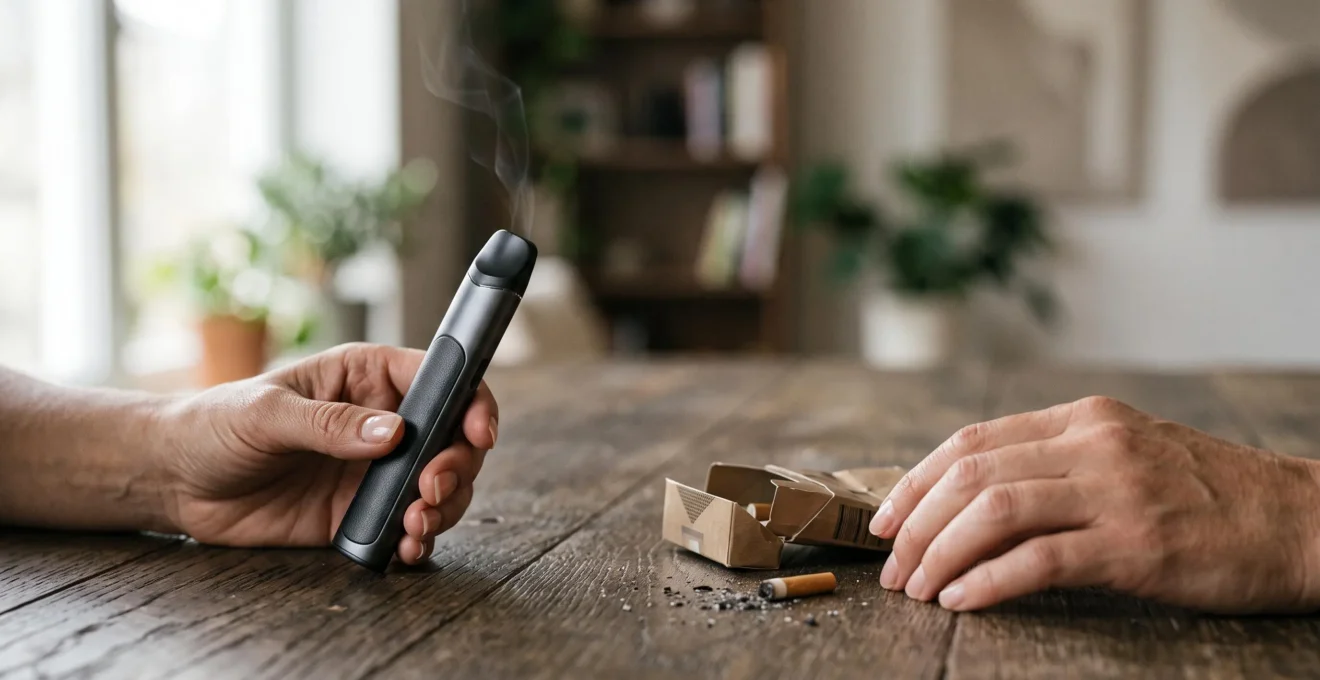 Mano che tiene una sigaretta elettronica accanto a un pacchetto di sigarette tradizionali schiacciato, simbolo del passaggio dal fumo allo svapo