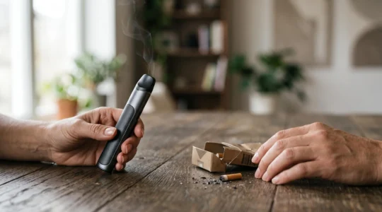 Mano che tiene una sigaretta elettronica accanto a un pacchetto di sigarette tradizionali schiacciato, simbolo del passaggio dal fumo allo svapo