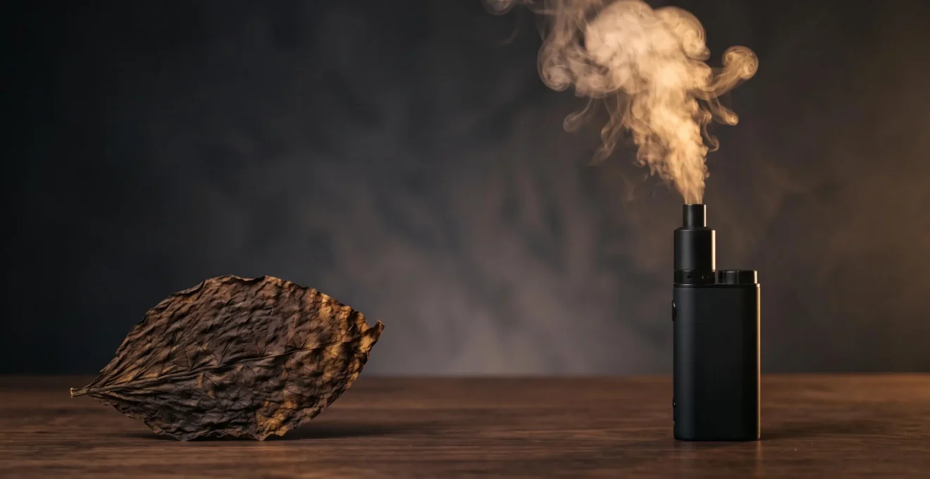 Composizione editoriale che contrappone una foglia di tabacco intera a una nuvola di vapore dorata, simbolo della scelta tra estratti organici e sintetici