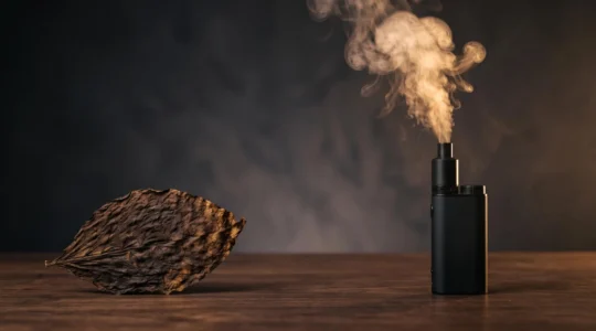 Composizione editoriale che contrappone una foglia di tabacco intera a una nuvola di vapore dorata, simbolo della scelta tra estratti organici e sintetici