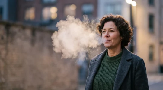 Persona che espira una nuvola di vapore densa e controllata durante un tiro di polmone, in un ambiente sereno e minimalista